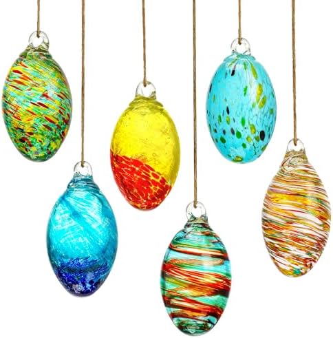 Set of 6 Hand Blown Glass Egg Ornaments for Home and Christmas Decor