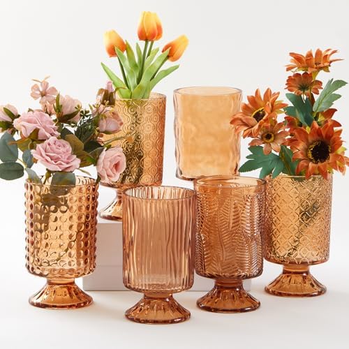 6 Pack Amber Embossed Glass Vases for Flowers