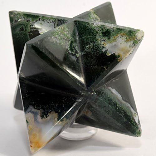 HQRP HC Set 66mm 8 Point Rich Green Moss Agate Merkaba Star with Clear Quartz Cabochon