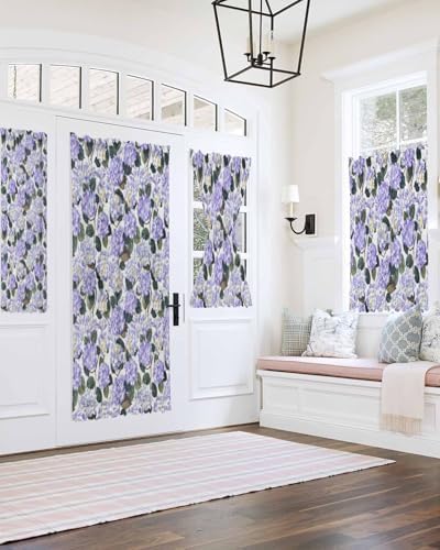 Purple Spring Floral French Door Curtain Watercolor Flowers Pastoral Sheer Door Panels 54W X 72L