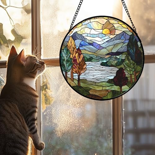 Stained Glass Window Hanging Blue Green Mountains Lake Landscape Suncatcher