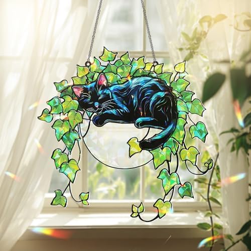 Whimsical Black Cat Stained Glass Suncatcher