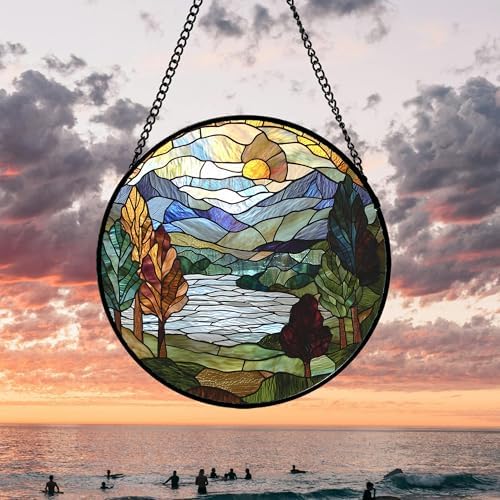 Stained Glass Window Hanging Blue Green Mountains Lake Landscape Suncatcher