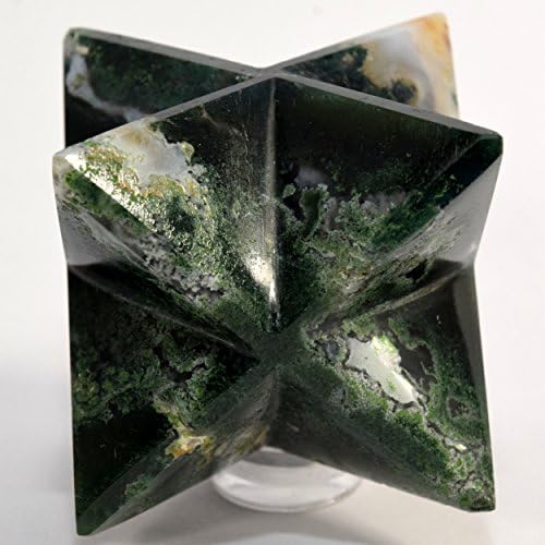 HQRP HC Set 66mm 8 Point Rich Green Moss Agate Merkaba Star with Clear Quartz Cabochon