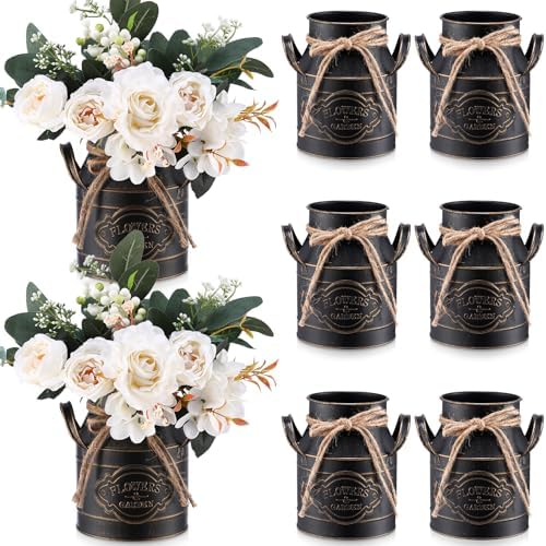 Roshtia 6 Inch Galvanized Metal Vase with Handle Black 8 Pcs