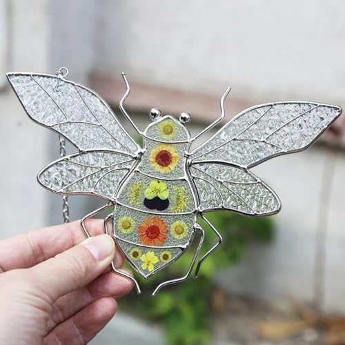 Stained Glass Bumble Bee Suncatcher Window Hanging Ornament Boho Decor for Home Garden and Patio
