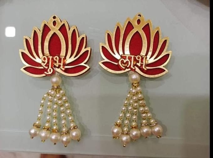 Red Gold Lotus Door Hanging with Shubh Labh Blessings Pack of 2