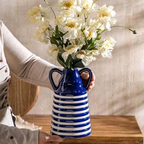 Ceramic Blue and White Striped Vase with Handles