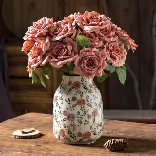 Green and Beige Vintage Round Ceramic Vase with Red Roses