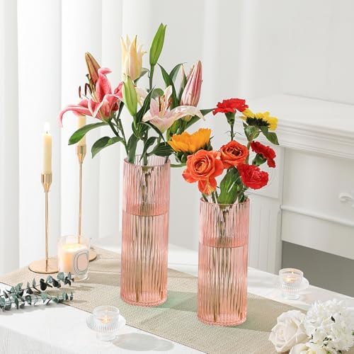 Pink Glass Vase for Flowers Tall Cylinder Vase for Home Decor