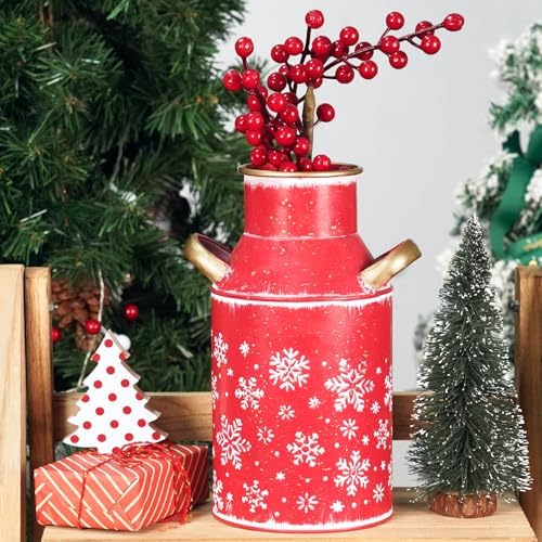 Galvanized Red Milk Can Christmas Decor Vase with Gold Handles