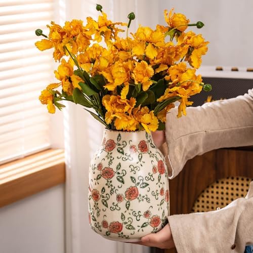 Green and Beige Vintage Round Ceramic Vase with Red Roses