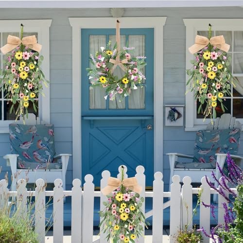 4 Pcs 24 Inch Artificial Spring Summer Wreath with Ribbon Flowers