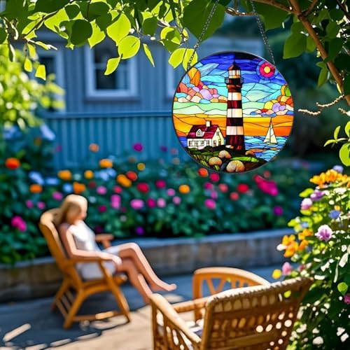 Stained Glass Window Hanging Ornament Lighthouse 8 Inch