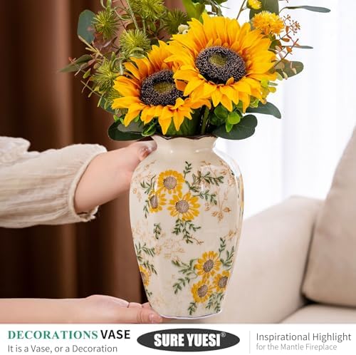 Hand-Painted Sunflower Vintage Ceramic Octagonal Vase 91 in