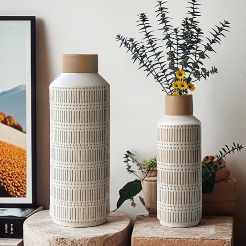 LIZOFER Rustic Ceramic Vase Set of 2 for Living Room Bedroom Farmhouse Decor