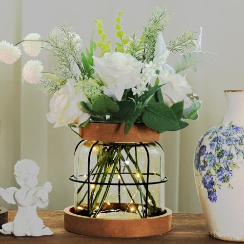 Farmhouse Vase with Artificial Flowers and Fairy Lights