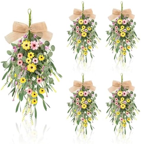 4 Pcs 24 Inch Artificial Spring Summer Wreath with Ribbon Flowers