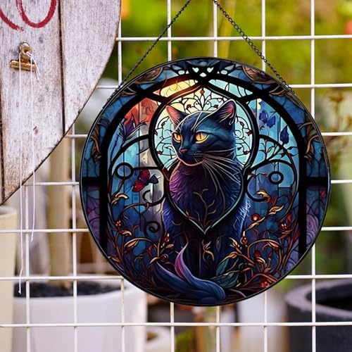 Black Cat Stained Glass Suncatcher Window Decor
