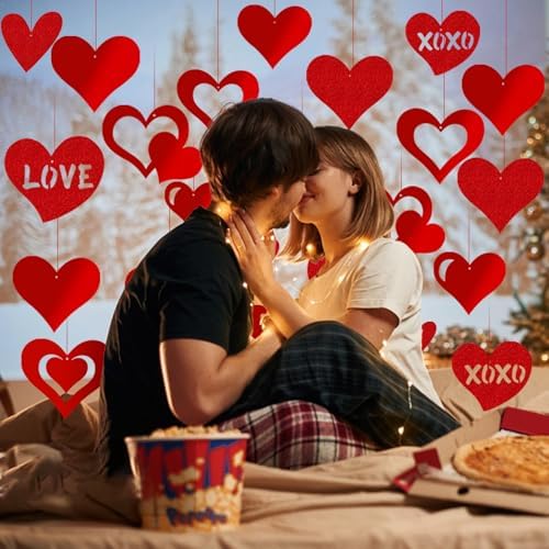 Red Glitter Heart Hanging Decorations 30 Pcs Foil Valentine Set