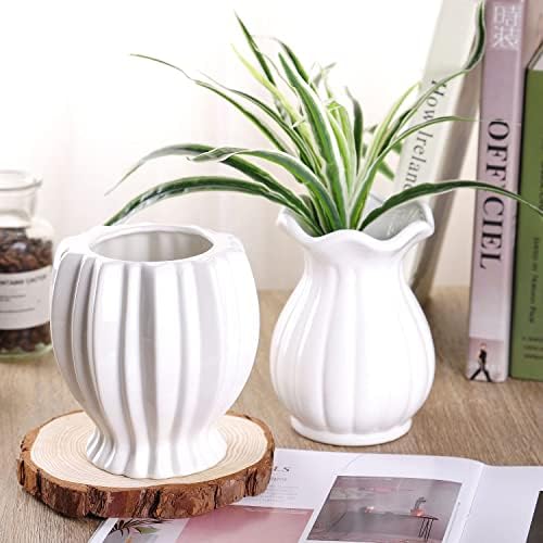 VanEnjoy 6 Inch Modern Ribbed White Ceramic Vase