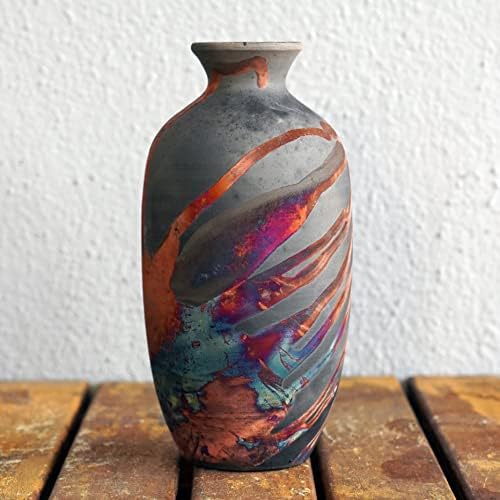RAAQUU Koban 7 Inch Raku Clay Decor Vase - Carbon Half Copper Matte