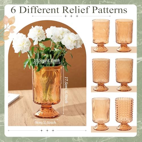 6 Pack Amber Embossed Glass Vases for Flowers