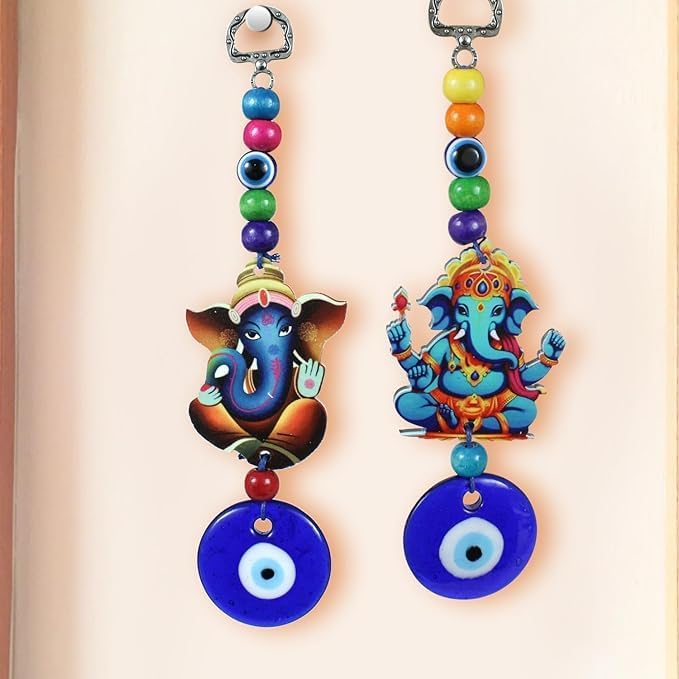 Set of 2 Blue Evil Eye Ganesha Hanging Decor