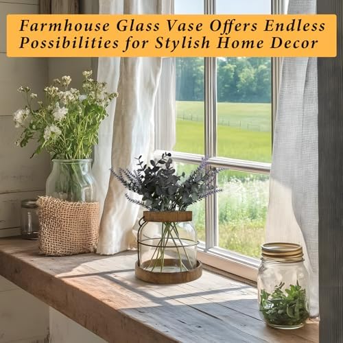 Vintage Glass Vase with Wood Frame and Metal Handle