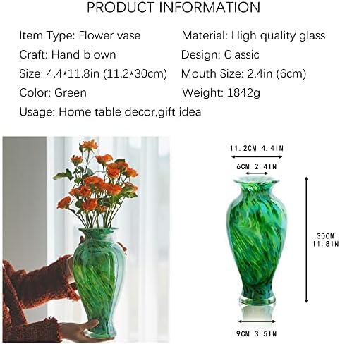 Hand Blown Green Classic Vase for Home Decor