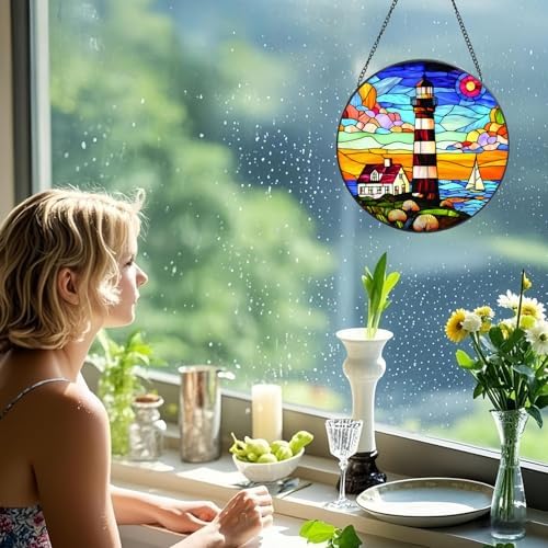 Stained Glass Window Hanging Ornament Lighthouse 8 Inch