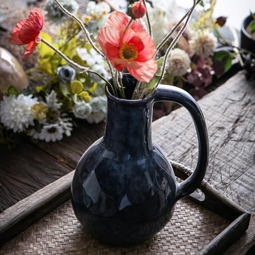 Blue Ceramic Vase with Big Handles Modern Farmhouse Decor