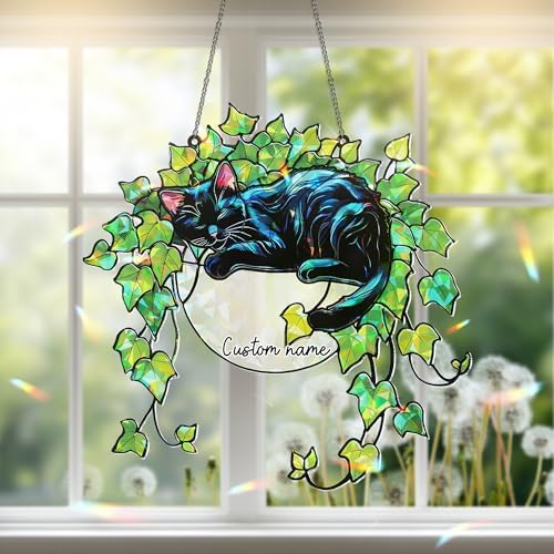 Whimsical Black Cat Stained Glass Suncatcher