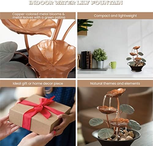 Bits and Pieces Indoor Water Lily Fountain - Compact Decor with Copper Blooms
