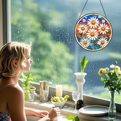 Stained Glass Window Hanging White Flower Suncatcher for Home Decor