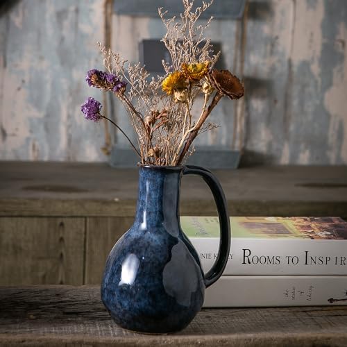 Blue Ceramic Vase with Big Handles Modern Farmhouse Decor