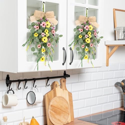 4 Pcs 24 Inch Artificial Spring Summer Wreath with Ribbon Flowers