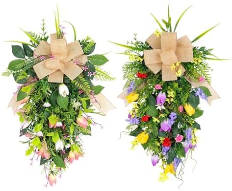 Spring Flower Wreath for Front Door Teardrop Swag with Artificial Tulips