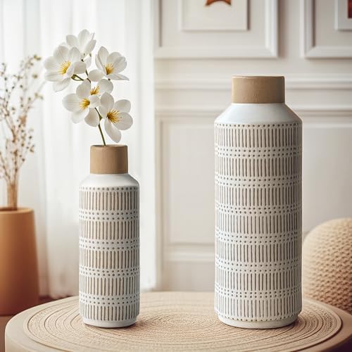 LIZOFER Rustic Ceramic Vase Set of 2 for Living Room Bedroom Farmhouse Decor