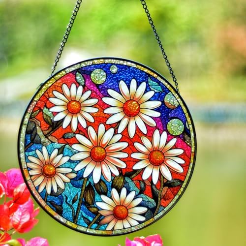 Stained Glass Window Hanging White Flower Suncatcher for Home Decor