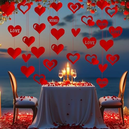 Red Glitter Heart Hanging Decorations 30 Pcs Foil Valentine Set