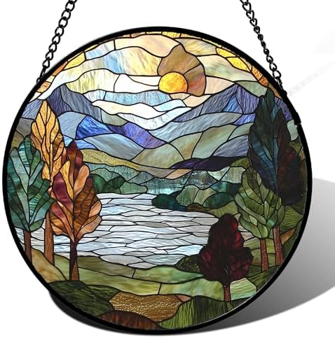 Stained Glass Window Hanging Blue Green Mountains Lake Landscape Suncatcher