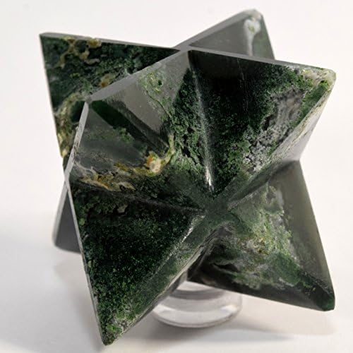 HQRP HC Set 66mm 8 Point Rich Green Moss Agate Merkaba Star with Clear Quartz Cabochon