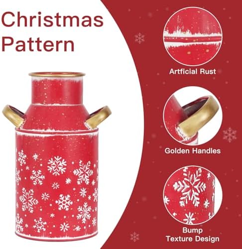 Galvanized Red Milk Can Christmas Decor Vase with Gold Handles