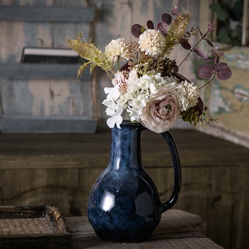 Blue Ceramic Vase with Big Handles Modern Farmhouse Decor