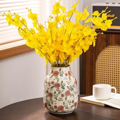 Green and Beige Vintage Round Ceramic Vase with Red Roses