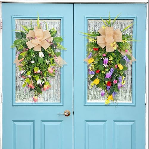 Spring Flower Wreath for Front Door Teardrop Swag with Artificial Tulips