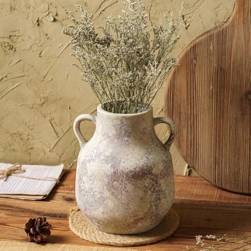 Rustic Ceramic Farmhouse Flower Vase with 2 Handles