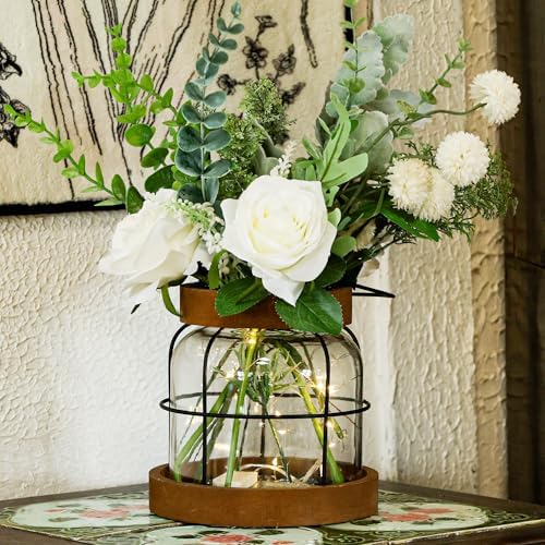 Farmhouse Vase with Artificial Flowers and Fairy Lights