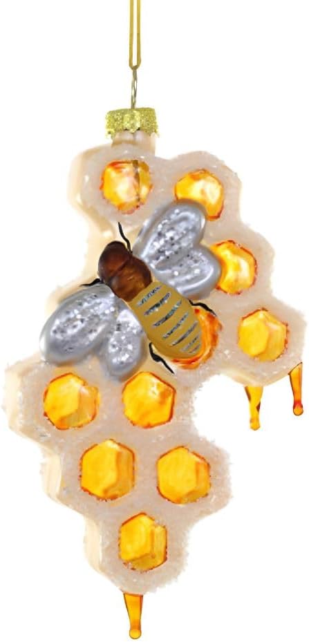 Cody Foster Co Honeycomb Bee Christmas Ornament 3-Inch Golden Amber Glass